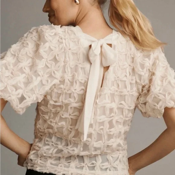 Anthropologie Sarah Hann Ivory Puff-Sleeve Textured Blouse - Picture 3 of 9
